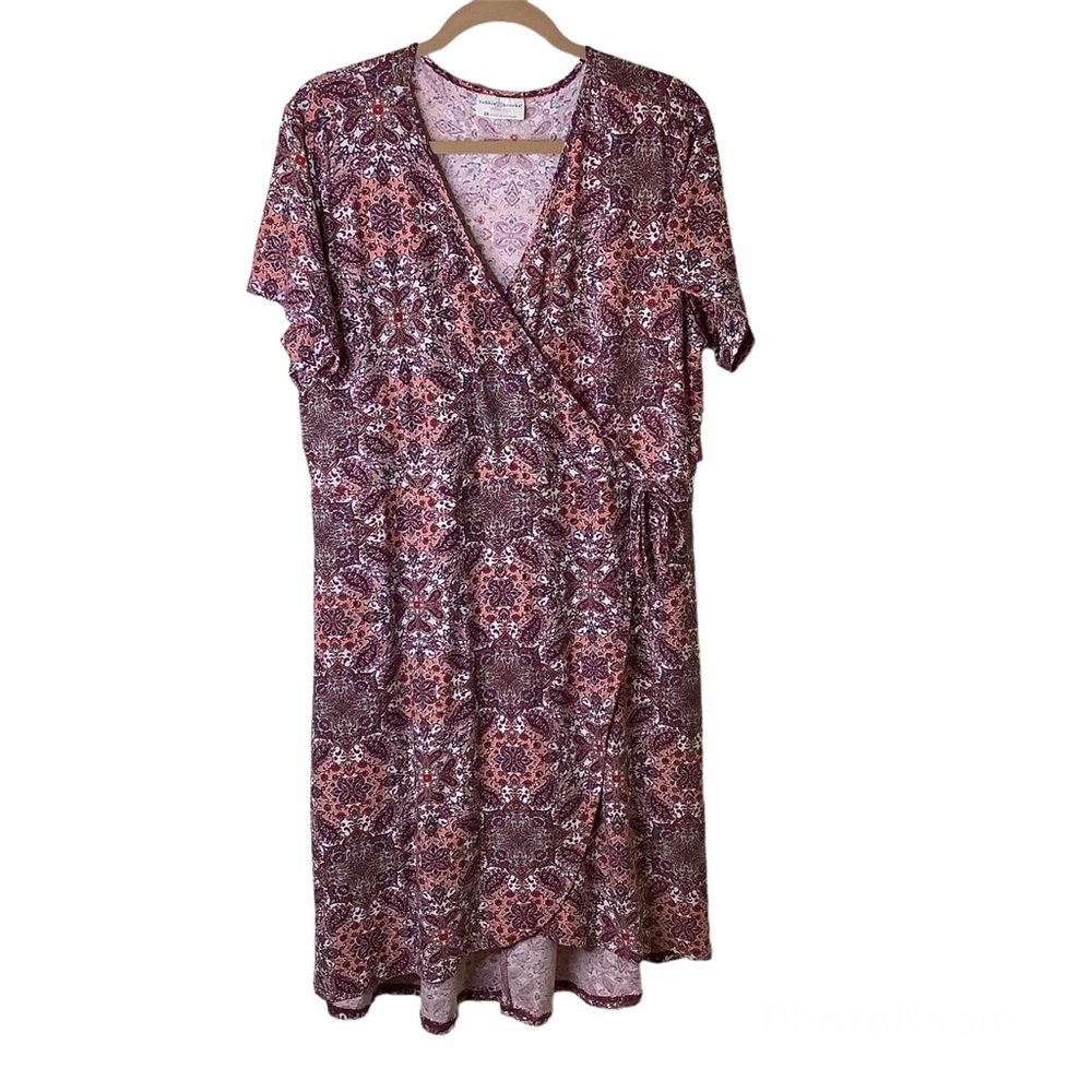 Bobbie Brooks 2X Wrap Dress Plus Size Tie Waist Pink Paisley Floral Stretch